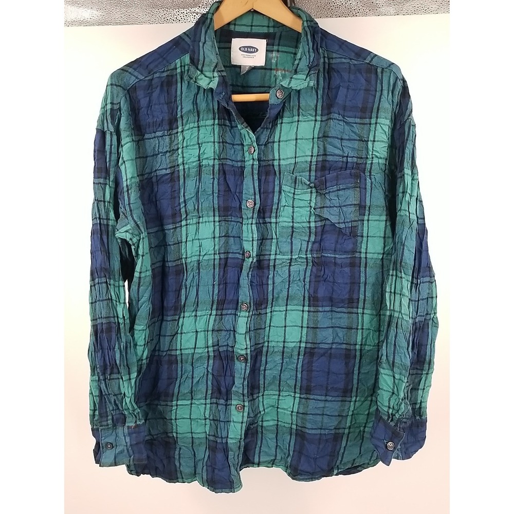Old‎ Navy Womens XL Blue Green Plaid Flannel Long Sleeve Button Down Shirt